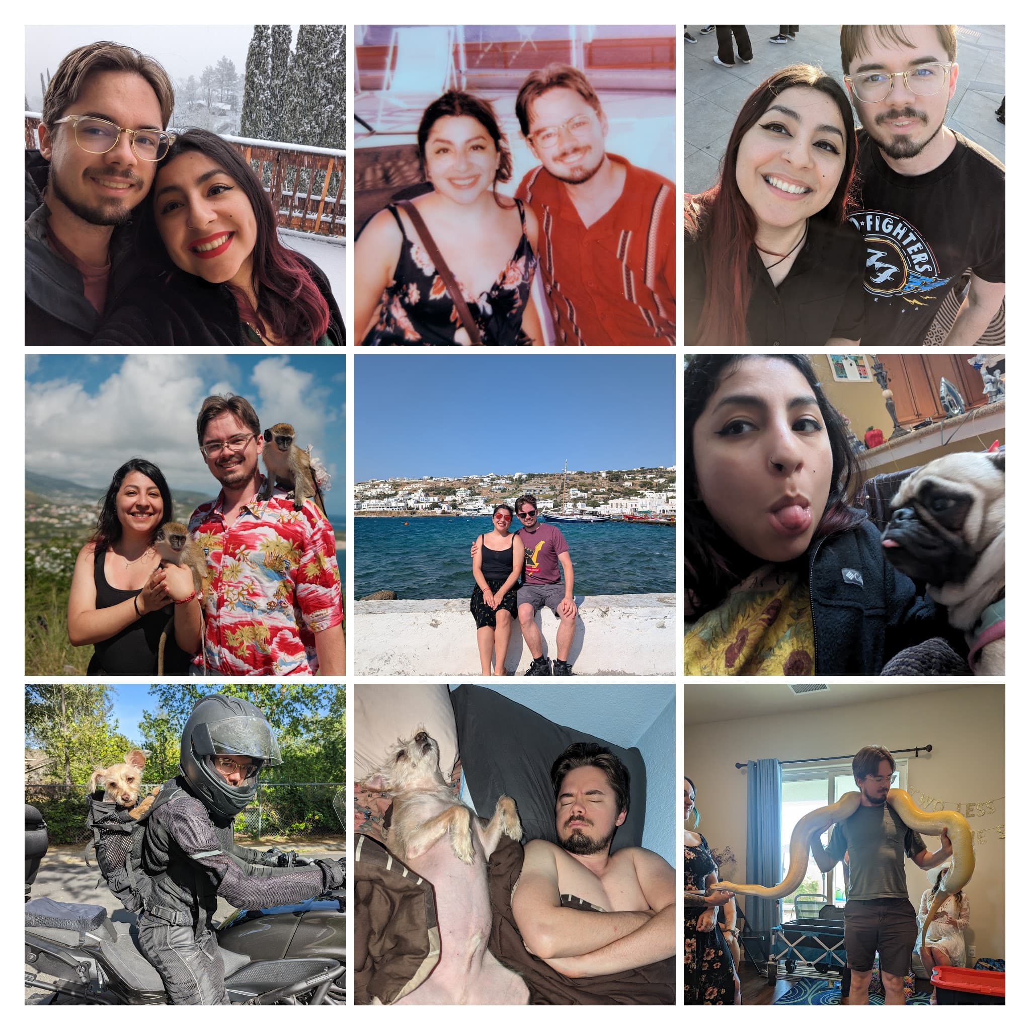 Candid collage of Anton and Priscila traveling and celebrating with friends.